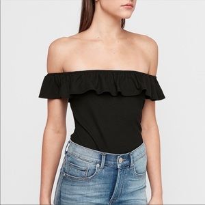 NEW EXPRESS Black Ribbed off shoulder Ruffle Bodysuit women size Small